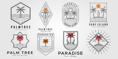 Palmiye ağacı ve cennet logosu çizimi seti. Tropikal sahil çizgisi sanat sembolü yığını