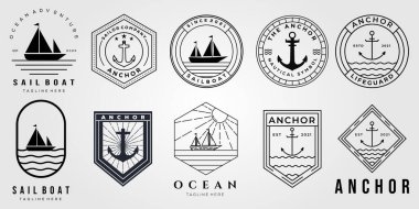 Çapa logosu ve okyanus yelkenli tekne ikonu tasarımı demeti.