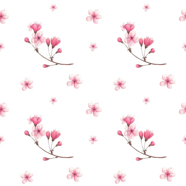 spring watercolor pattern with cherry blossoms on a white background for fabric, packaging, or wallpaper