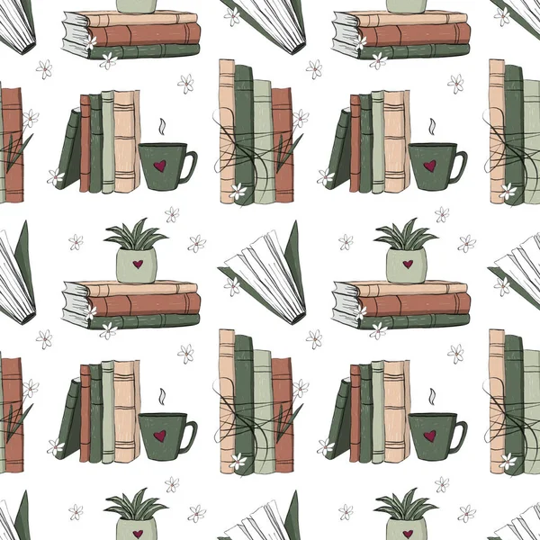 a pattern of colorful books and coffee for a book lover, bookstore, or library. can be used on fabric, packaging, wallpaper
