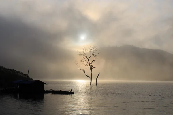 Haus am See am nebligen Morgen — Stockfoto