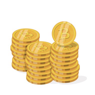Beyaz üzerine izole edilmiş kripto altın para dijital blok sembolü. Dijital para birimi. Bitcoin sembollü altın para yığını. Düz tasarım tarzı. Vektör illüstrasyonu.
