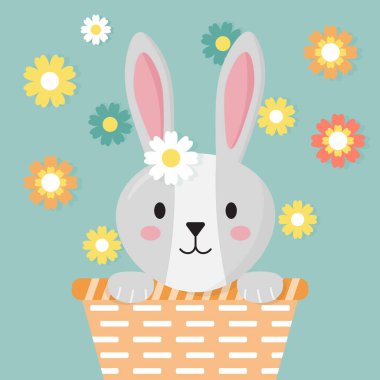 Mutlu Paskalyalar. Sepette oturan mutlu tavşan. Vektör illüstrasyonu.