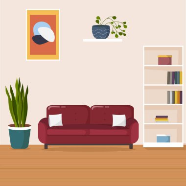Oturma odasının içi. Rahat kırmızı kanepe, kitaplık ve ev bitkileri. Düz biçim vektör illüstrasyonu.