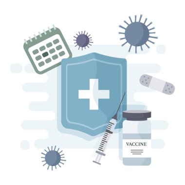 Immunization campaign. Vaccination concept. Health care and protection. Syringe with a vaccine bottle protection shield and virus. Flat vector illustration.
