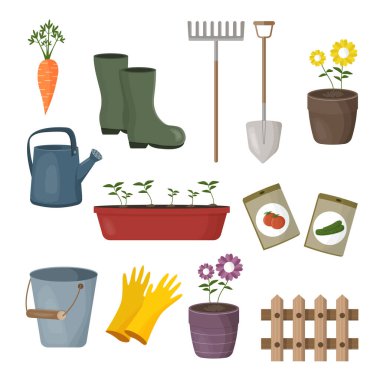 Farklı bahçe eşyaları seti. Bahçe aletleri ve bitkiler. Bahçe işleri için düz tasarım çizimi. Vektör illüstrasyonu. 