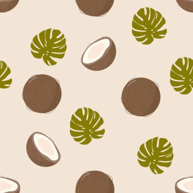 Kusursuz hindistan cevizi ve palmiye yaprakları. Arkaplan, tekstil, ambalaj kağıdı, duvar posterleri için vektör çizimi.