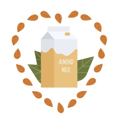 Kağıt pakette badem sütü. Laktozsuz vejetaryen sütü. Paketleme. Çizgi film düz stiliyle vektör el çizimi.