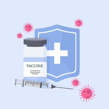 Coronavirus aşısı konsepti, şırınga ve aşı şişesi. Düz vektör illüstrasyonu.