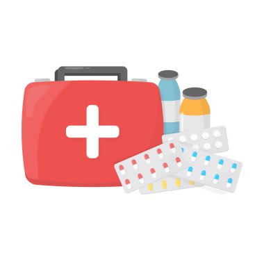 Tıbbi ekipmanlarla dolu ilk yardım çantası. Vektör illüstrasyonu.