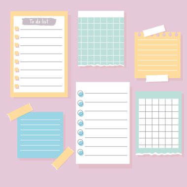 Farklı not kağıtları. Çıkartmalar, liste ve notlar üzerine kağıt notlar. Vektör illüstrasyonu.