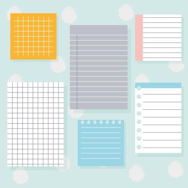 Farklı not kağıtları. Çıkartmalar, not defterleri ve notlarla ilgili notlar. Vektör illüstrasyonu.