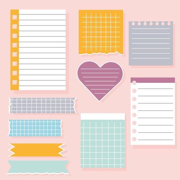 Set of different note papers. Paper notes on stickers, notepads and memo messages. Vector illustration.