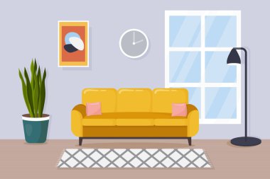 Modern oturma odasının içi. Rahat sarı kanepe, lamba, halı, pencere ve ev bitkileri. Düz biçim vektör illüstrasyonu.