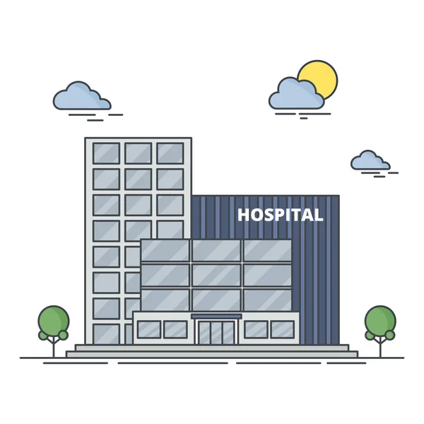 Krankenhausgebäude isoliert auf weißem Hintergrund. Umrissvektorillustration im Cartoon-Stil. — Stockvektor
