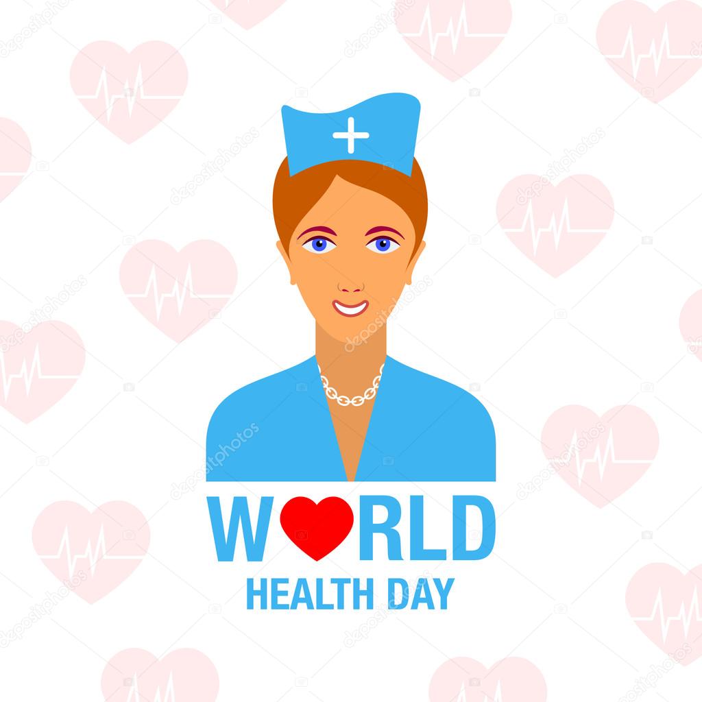 illustration with world health day lettering and nurse background