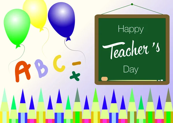 Happy teachers day lettering, school board, balloons and colored pencils — Stock Vector