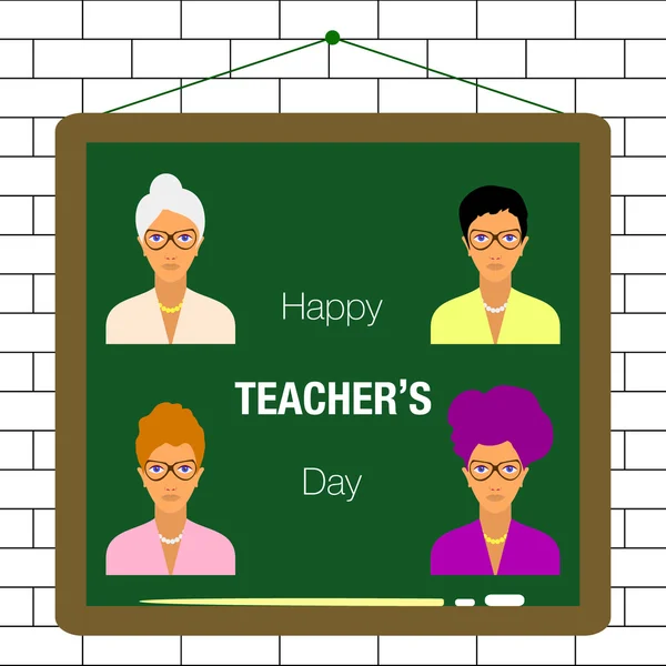 happy teachers day lettering with female teachers characters on school board background