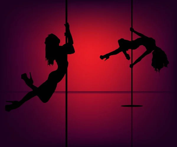 Beautiful Silhouette Young Women Dancing Striptease Sexy Pole Dancing — Stockvector