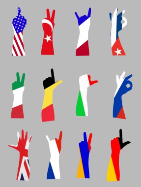 Resimde elleri ve bayrakları ile