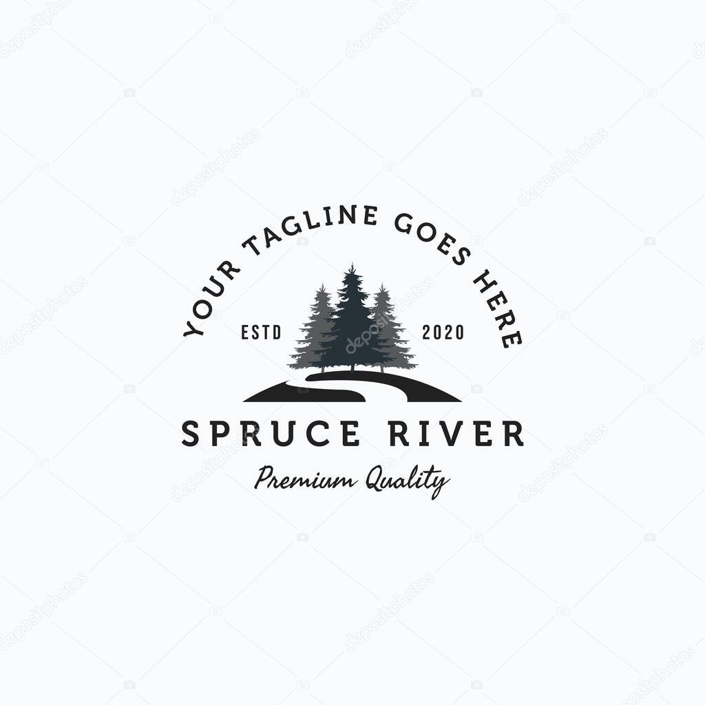 Vector illustration of spruce tree on the hill with river vintage logo design