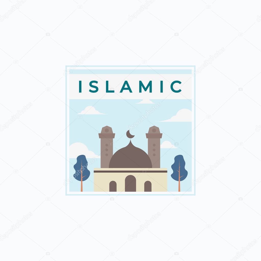 Flat vector illustration of Mosque, trees and blue sky with clouds in the background logo design