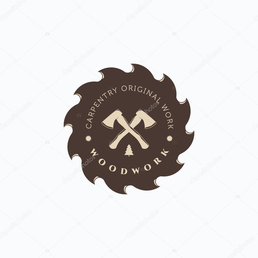 Lumberjack vintage axe and saw blade vector illustration badge. Simple carpentry logo design