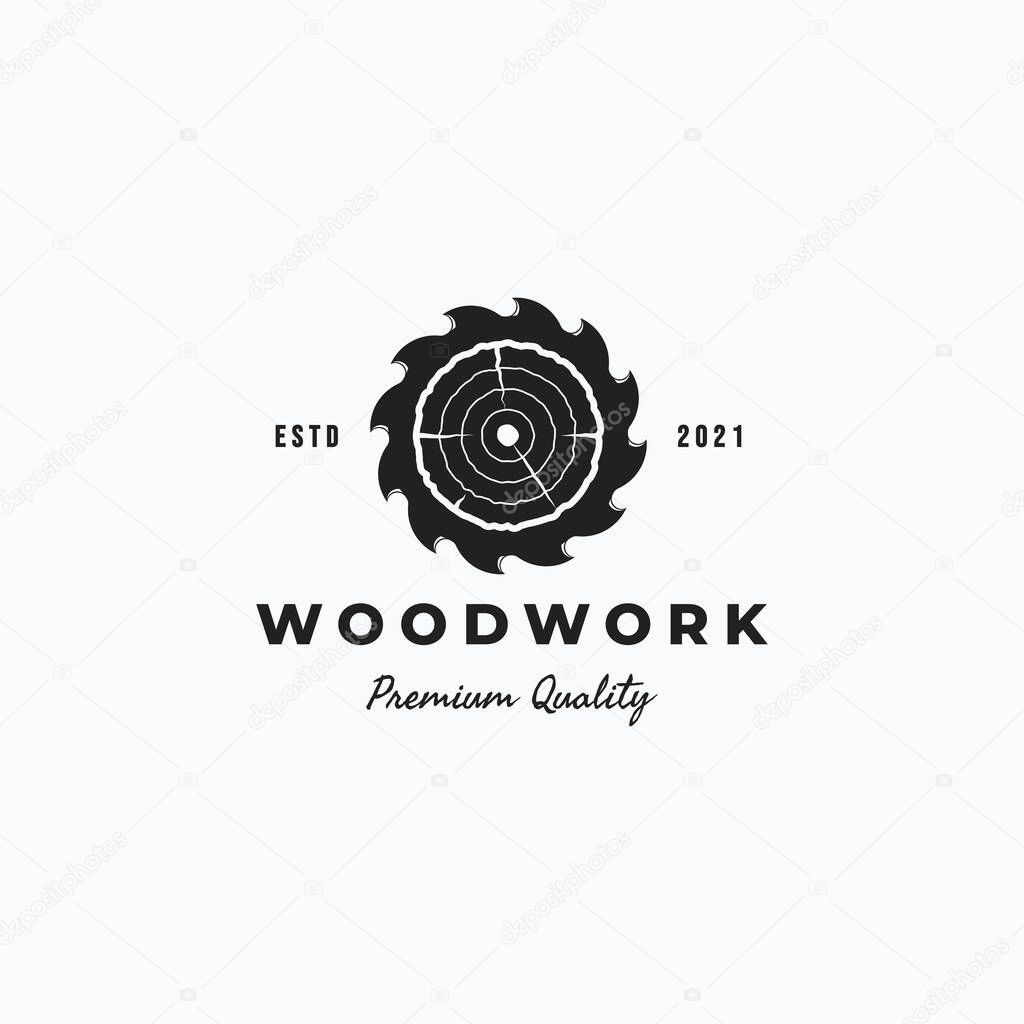 Carpentry vintage saw blade and tree rings vector illustration logo design. Simple woodworking saw blade and wood logo concept.
