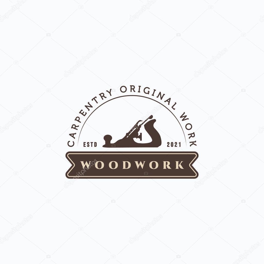 Carpentry vintage wood planer silhouette with ribbon logo design. Simple carpentry emblem logo concept.
