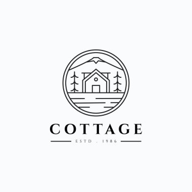 Yaz minimalist çizgi sanat kulübesi vektör illüstrasyon logosu tasarımı. Dağ ve çam ağaçlarıyla basit bir tatil kulübesi logosu konsepti