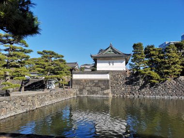 Güneşli bir kış gününde Japon kraliyet sarayı binaları güzel göl manzaraları