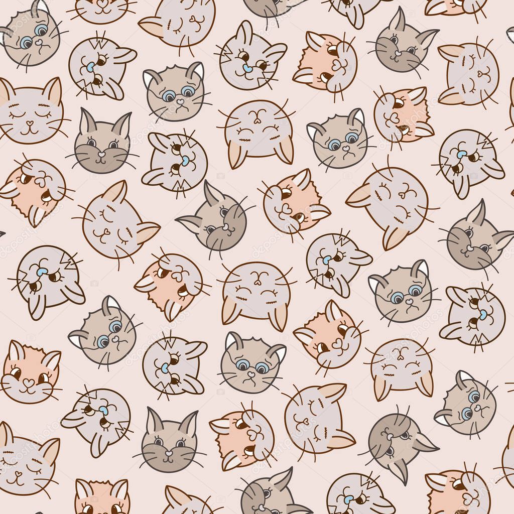 Cute vector seamless hand drawn pattern with cats faces close up with different emotions in beige colors. Can be used for the posters, wrapping paper, bedclothes, socks, towels, notebook, packages.