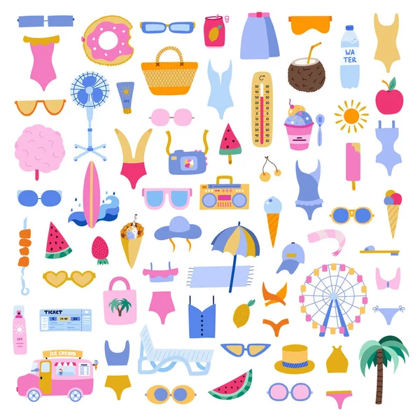 Big Summer Hand Drawn Vector Summer Set Clipart Objects Icons — Stock Vector