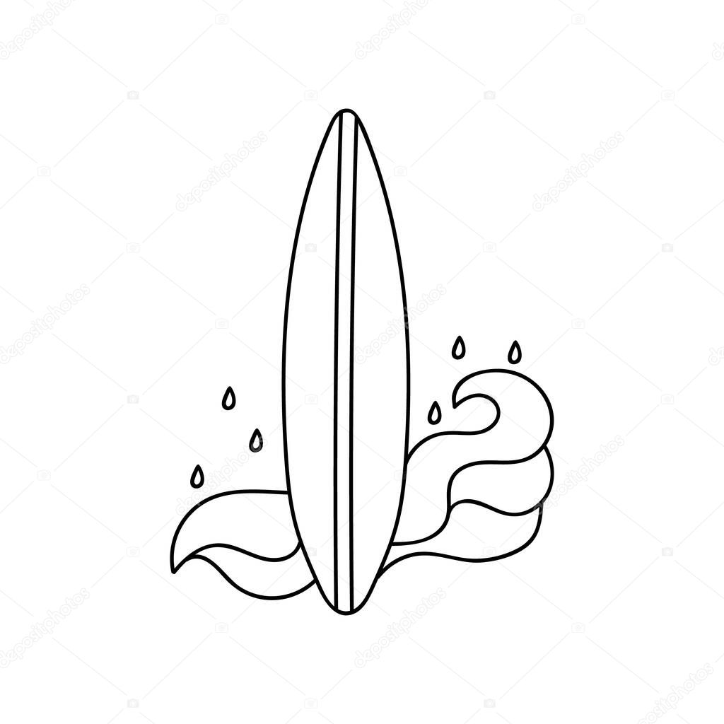 Cute and colorful hand drawn vector surfboard with a waves for the ocean, sea, water sport and activities