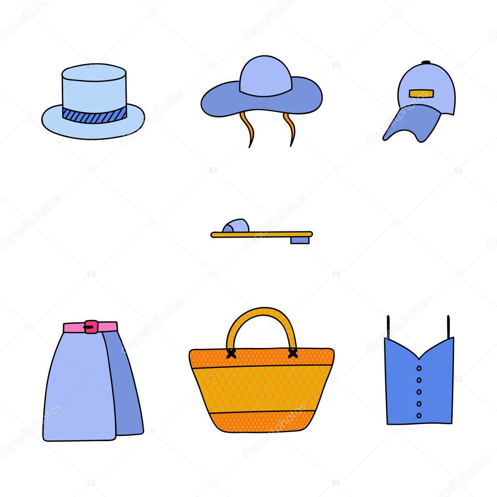 Vector hand drawn clipart of summer clothes for the hot days, holiday, vacation in the city, town and by the beach. Vector illustration isolated on the background