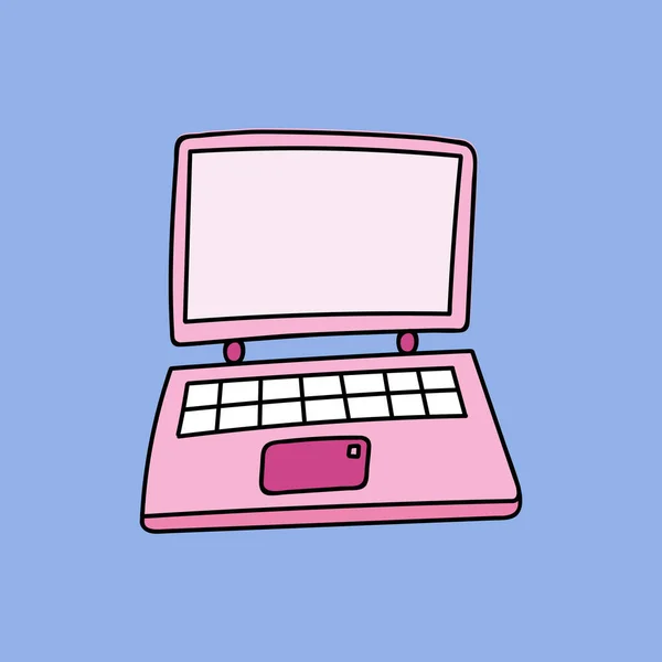 Cute Hand Drawn Cartoon Pink Laptop Keyboard Business Communication Games — Stock Vector