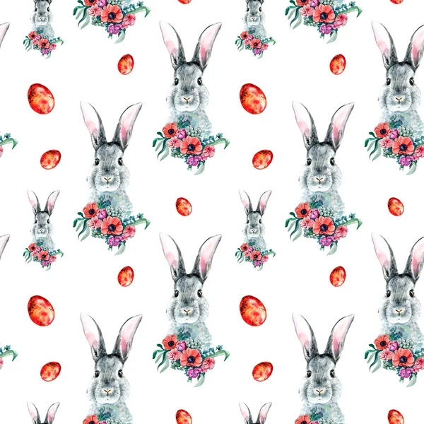 Seamless bright Easter pattern with Easter bunny, anemones, Easter eggs in red, spring, Easter, watercolor work, hand drawing.