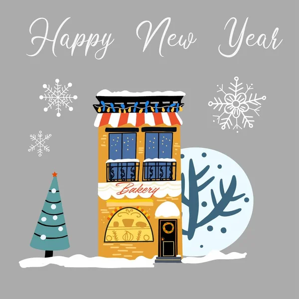 Snowy Bacery House Hand Drawing Christmas Pine Tree Snow Falls Stock Vector