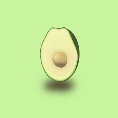 Bir kesikteki avokadonun sanatsal renk çizimi, 3 boyutlu resim, açık yeşil arkaplan