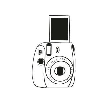 Fotoğraflı küçük bir fotoğraf makinesinin basit bir çizimi, beyaz arkaplanda siyah çizgiler.