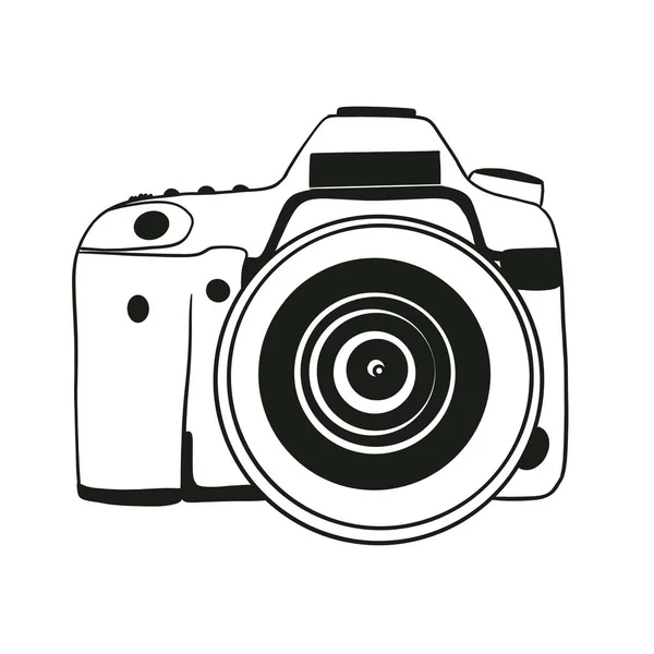 Modern profesyonel fotoğraf makinesinin basit bir çizimi, beyaz arkaplanda siyah çizgiler.