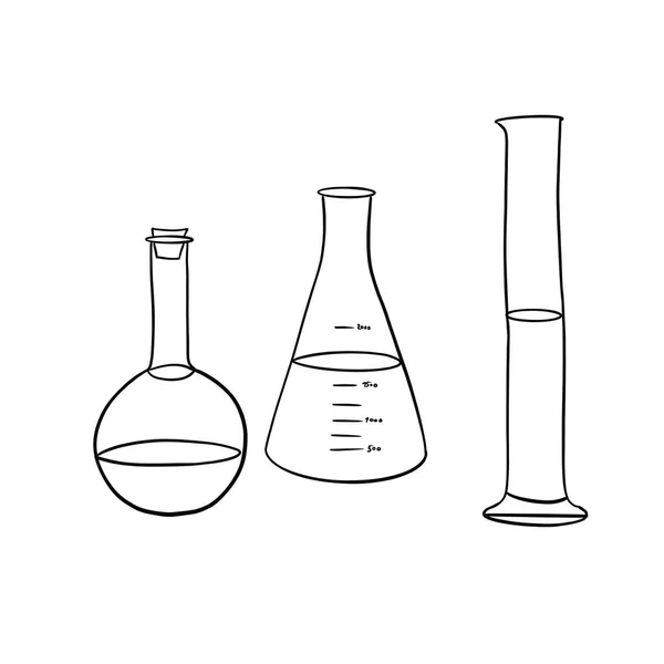 Simple art illustration of medical flasks of different sizes and volumes with black lines on a white background