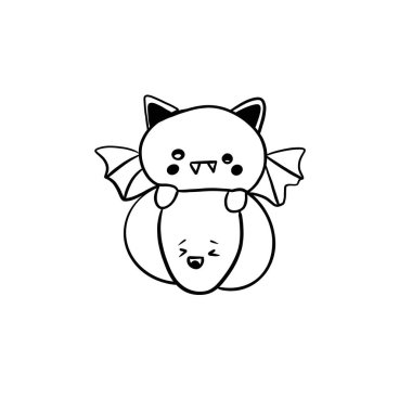 Saklanan bir çocuk yarasanın basit bir çizimi Cadılar Bayramı kutlaması, beyaz arka planda siyah çizgiler.