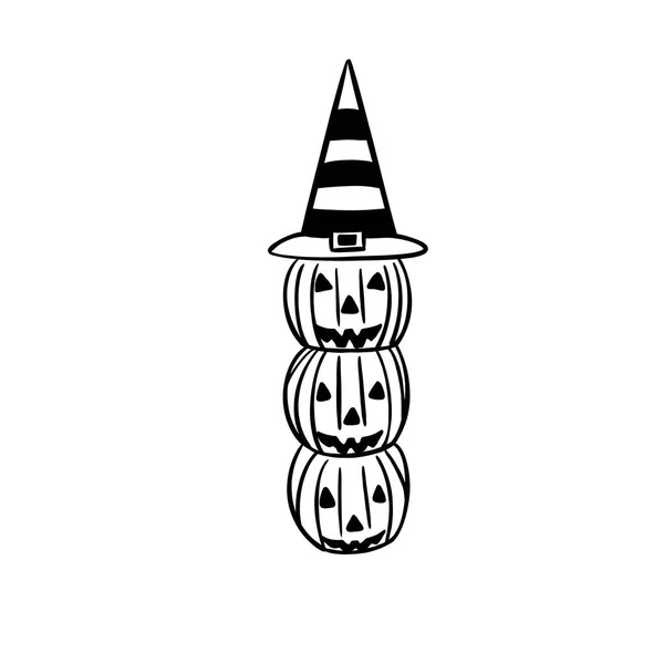 Ilustración Simple Tres Calabazas Navideñas Sombrero Bruja Fiesta Halloween Líneas — Vector de stock