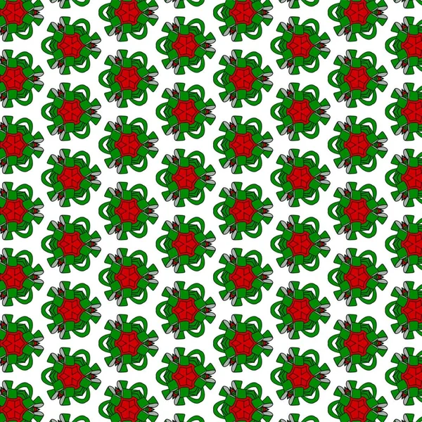 Padrão de Natal sem costura em tons de verde e vermelho em um fundo branco — Vetor de Stock