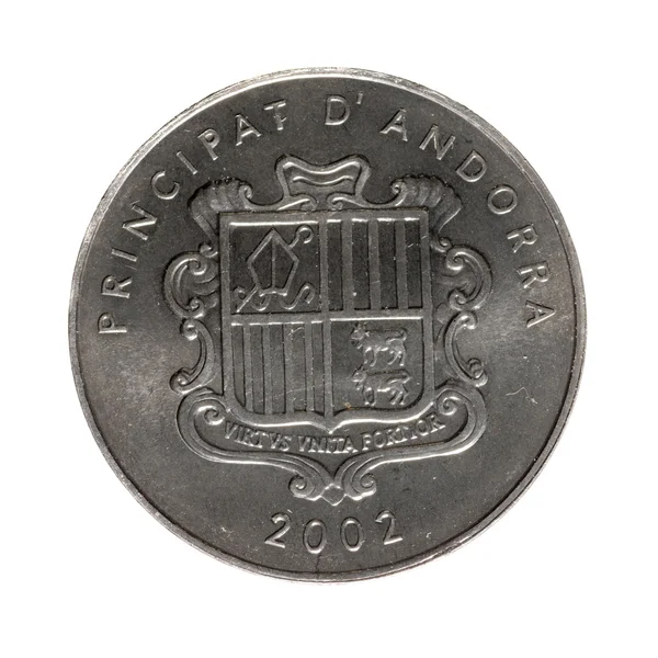 Moedas de metal um centavo Andorra isolado sobre fundo branco — Fotografia de Stock