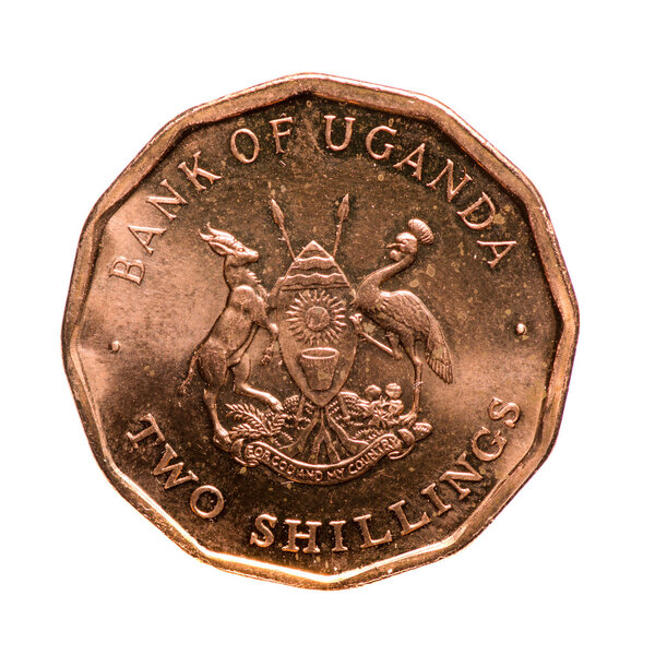 металлические монеты два шиллинга Уганда изолированы на белом фоне
