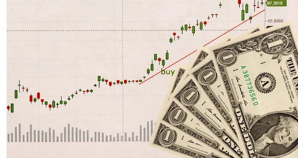 stock chart and US money as background. view from above