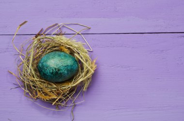 Ahşap arka plan üzerinde yuvadaki yumurta.