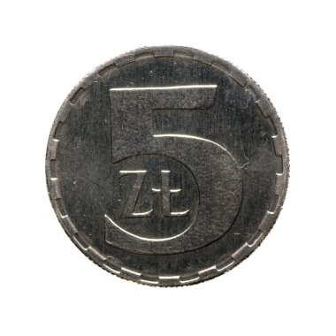 Beyaz arka plan üzerinde izole beş Polonya zlotys metal paralar